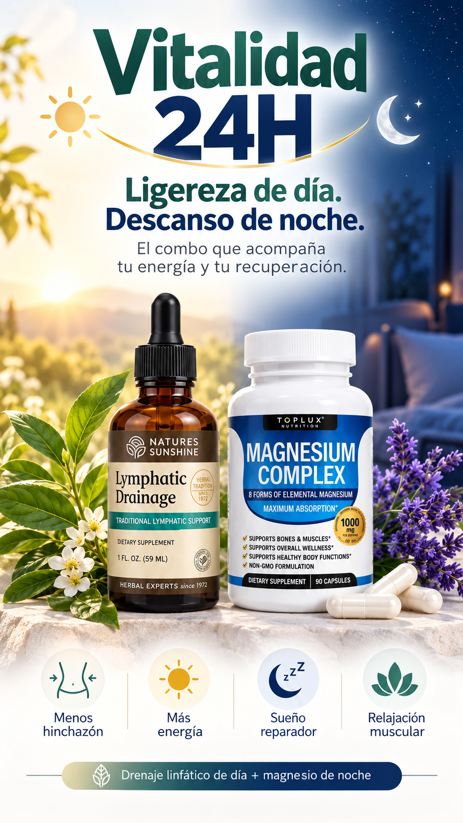 Sistema Vitalidad 24H - Drena y desinflama de día, repara y descansa profundamente de noche.