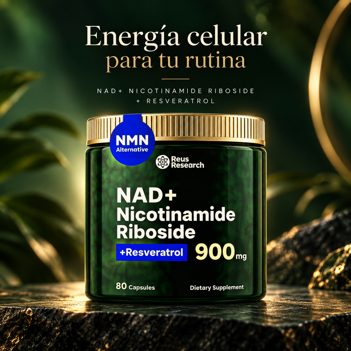 Nad+ Nicotinamide Riboside Resveratrol - Incrementa la energía celular, combate el envejecimiento de la piel y apoya la salud cardiovascular.