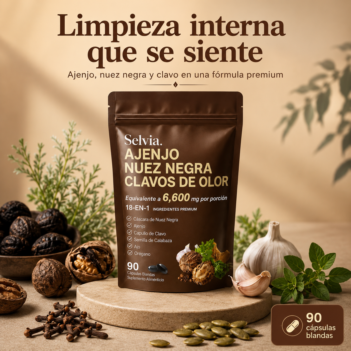 Selvia® Limpieza Interna - Ajenjo, Nuez Negra y Clavo Una fórmula herbal para tu rutina de bienestar que reduce la hinchazón